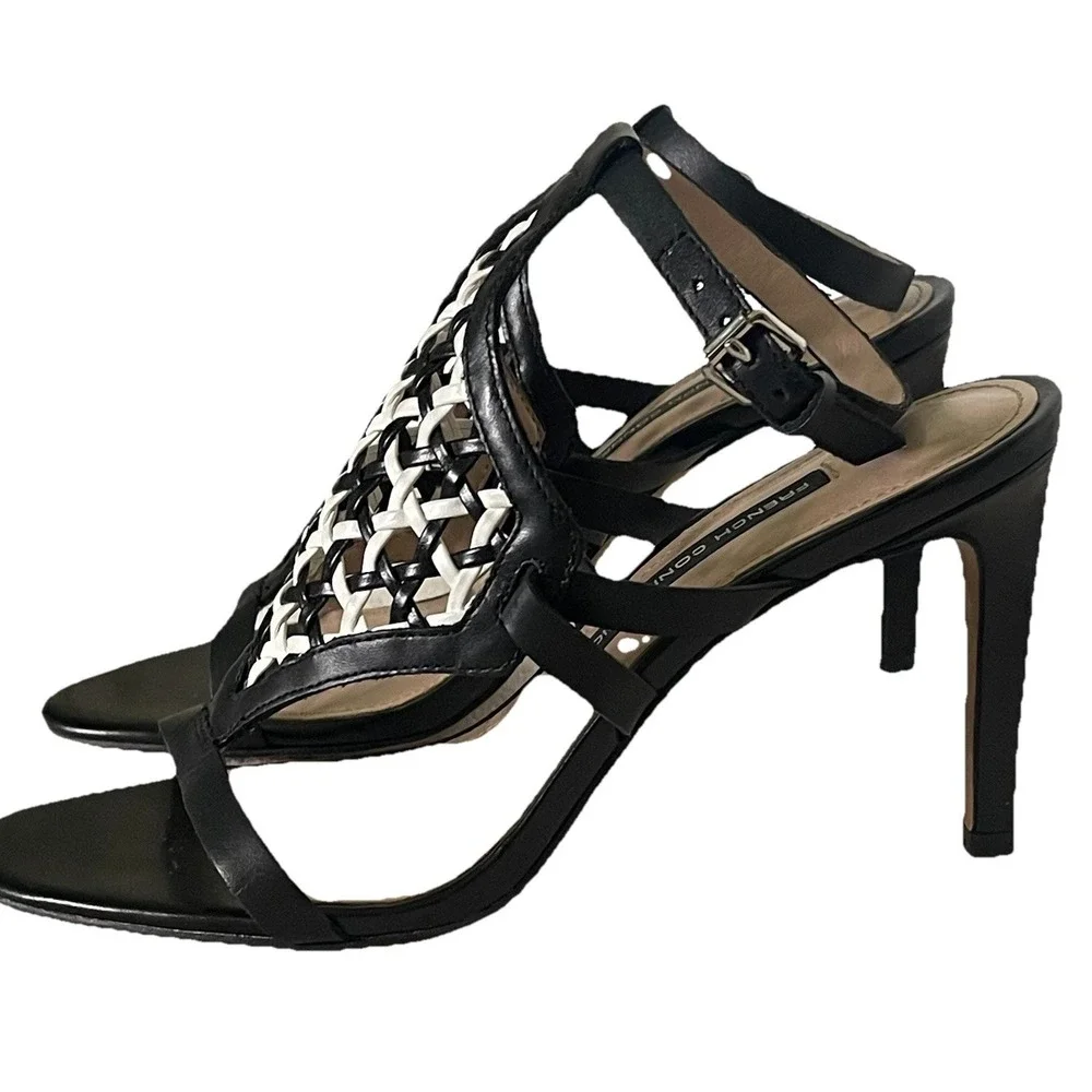 French Connection Linny‎ Ankle Strap Sandals Black White Stiletto Heel 3.75